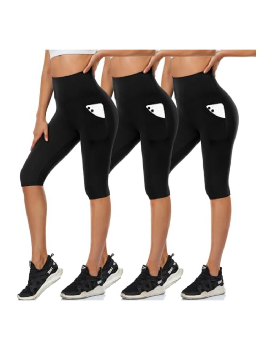 Knee Length Leggings High Waisted Biker Shorts with Pockets